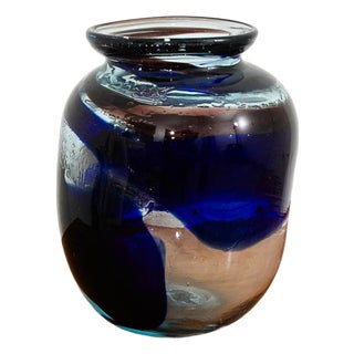 Mid Century Modern Studio Glass Vase Blue and Clear 70s Handblown Rounded Vessel For Sale