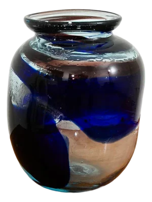 Mid Century Modern Studio Glass Vase Blue and Clear 70s Handblown Rounded Vessel