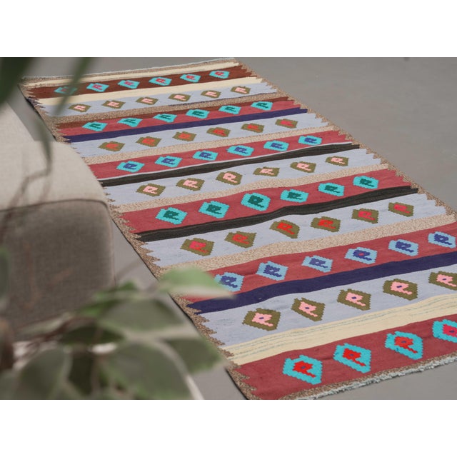 Textile 1970s Vintage Handmade Wool Cotton Red Blue Runner Rug For Sale - Image 7 of 11