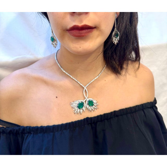 Gemstone Gia Certified 20ct Zambian Emerald & 15ct Diamond Necklace Earring Suite 18kwg For Sale - Image 7 of 8