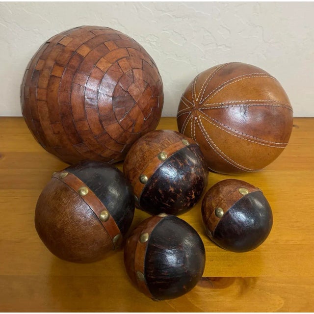 Late 20th Century Brass Studded Leather Clad Wood Decorative Balls Spheres Orbs- Set of 4 For Sale - Image 11 of 11