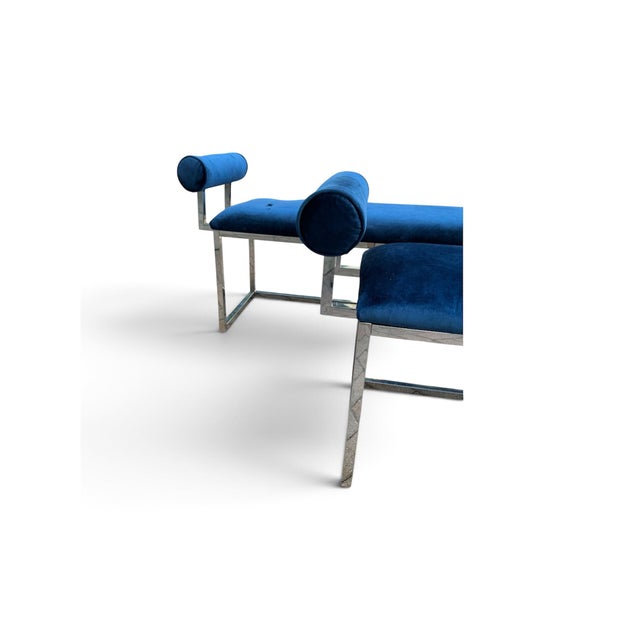 Hollywood Regency Pair of Hollywood Regency Cobalt Blue Velvet & Chrome Benches For Sale - Image 3 of 11