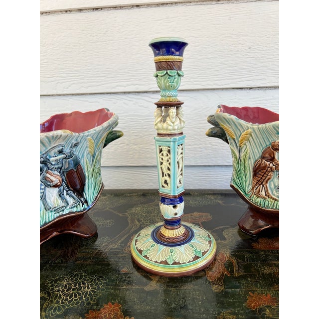 Direct from England, a rare and striking antique Wedgwood “Cinque Cento” majolica candlestick, dating to c1876. This...