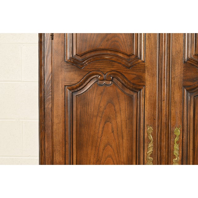 Baker Furniture French Provincial Louis XV Carved Oak Armoire Dressers or Linen Presses, Pair For Sale - Image 11 of 18