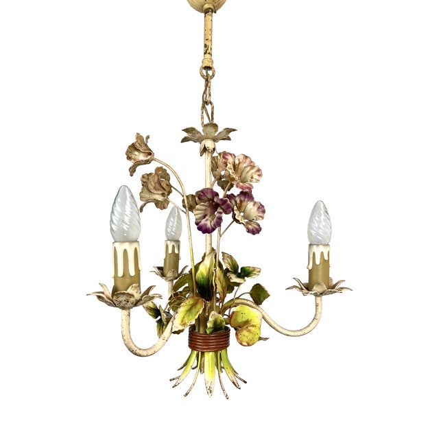 Vintage French Metal Flower Bouquet Three-Arm Chandelier, 1950s For Sale