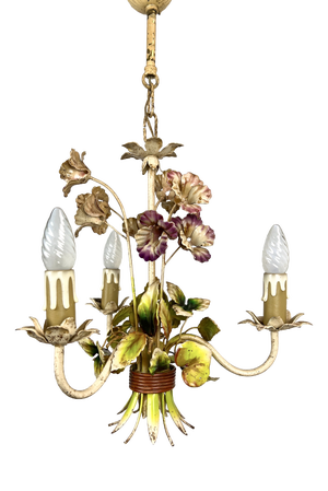 Vintage French Metal Flower Bouquet Three-Arm Chandelier, 1950s