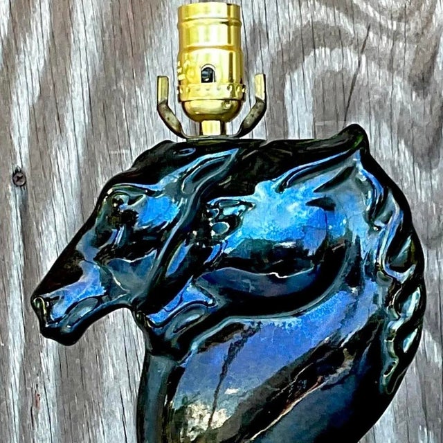 Vintage Blue Glazed Double Horse Head Lamp For Sale - Image 13 of 13