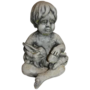 Midcentury Concrete Statue of Baby Holding Bunnies