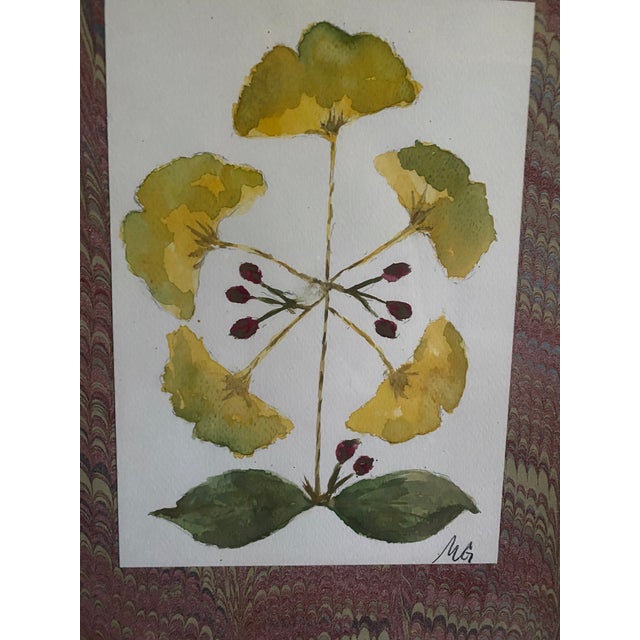 Original botanical watercolor featuring an arrangement of yellow Ginkgo leaves. Professionally framed in black with gilt...