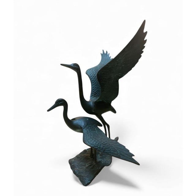 2000 - 2009 Mid-Century Modern Verdigris Bronze Crane & Heron Sculpture on Faux Stone Base For Sale - Image 5 of 10