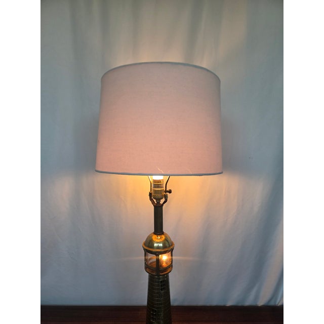 Wood Late 20th Century Mid-Century Modern Nautical Brass Lighthouse Table Lamp W/ Hardwood Base For Sale - Image 7 of 10