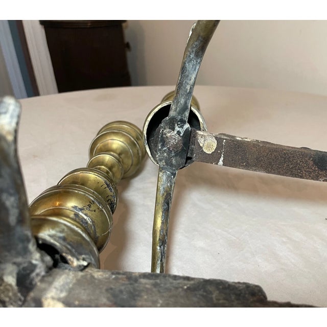 Pair of Turned 18th Century Peened Brass Wrought Iron Georgian Andirons 1700's For Sale - Image 15 of 15