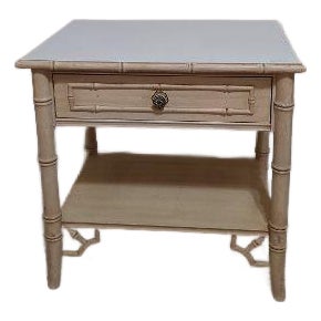 1970s Hollywood Regency Style Allegro One Drawer Cream Wood Nightstand Faux Bamboo For Sale