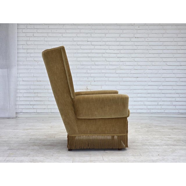 Vintage Danish Highback Chair in Yellow Furniture Velour, 1970s For Sale - Image 6 of 18