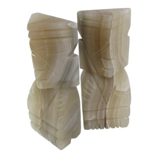 Large Vintage Aztec Style Onyx Bookends- a Pair For Sale