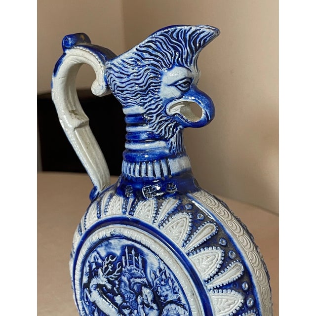 19th Century Antique Handmade Figural Blue Gray Westerwald German Pottery Jug Stein Pitcher For Sale - Image 5 of 13