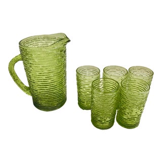 Mid-Century Modern Faux Bamboo Pitcher & 5 Drinking Glasses For Sale