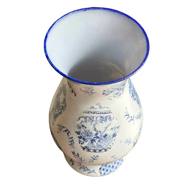 American Hand Painted Blue & White Glass Vase For Sale - Image 3 of 5