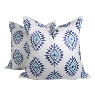 Ivory and Blue Embroidered Designer Pillow Covers, a Pair For Sale