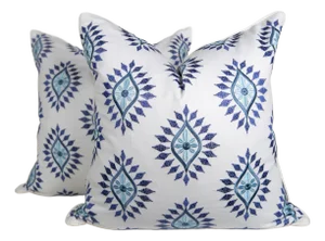 Ivory and Blue Embroidered Designer Pillow Covers, a Pair