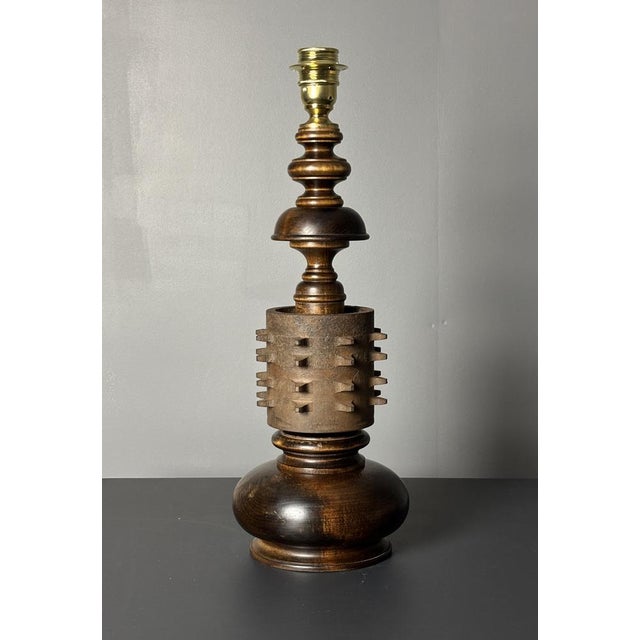 Brown Large Brutalist Table Lamp in Wood and Cast Iron, 1960s For Sale - Image 8 of 18