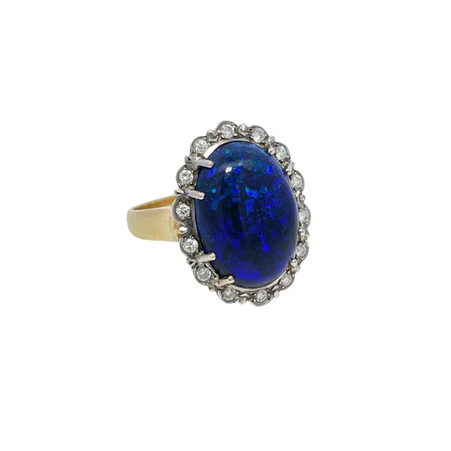 Mid 20th Century 18k Yellow/White Gold Oval Cut Center Opal and Diamond Halo Ring, Size 6.25 For Sale - Image 9 of 11