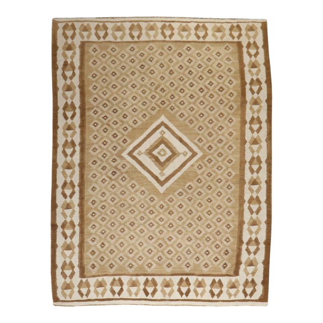 Vintage Zabihi Collection Geometric Brown White Turkish Kilim - 6'8" x 8'11" For Sale