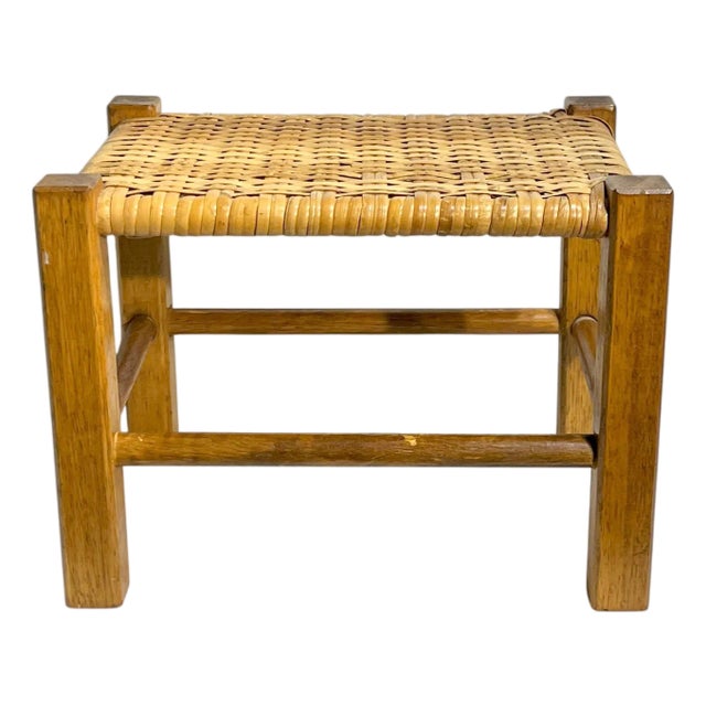 Antique English Country House Woven Reed and Pine Stool For Sale