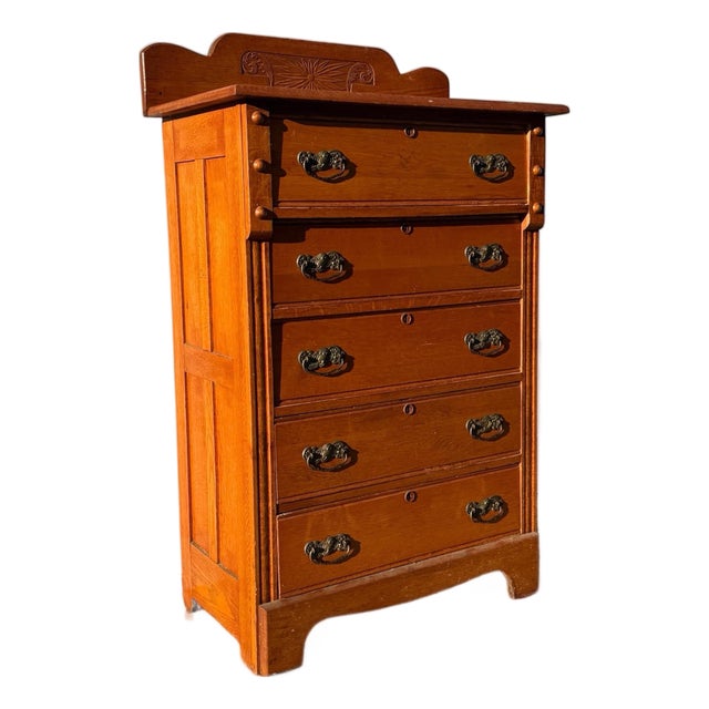 Antique Victorian Eastlake Oak Highboy Dresser With Knapp Joints and Carved Sunburst Crest For Sale