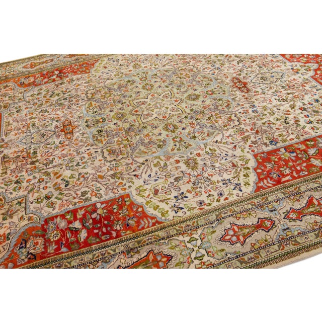 1960s Vintage Persian Tabriz Beige Handmade All-Over Medallion Wool Rug For Sale In New York - Image 6 of 7