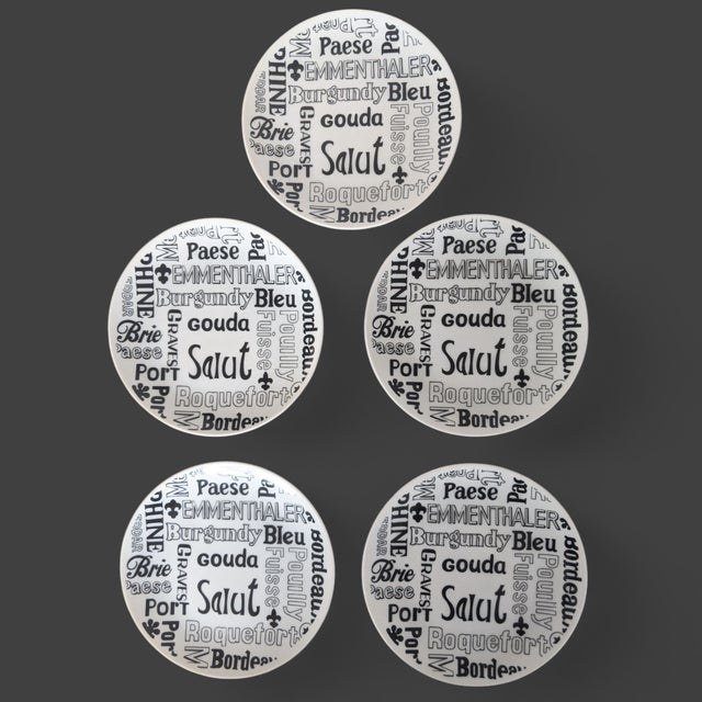 A Set of 5 Typography Style Serving Plates with different Fine Cheeses listed on the plates Would be perfect used with a...
