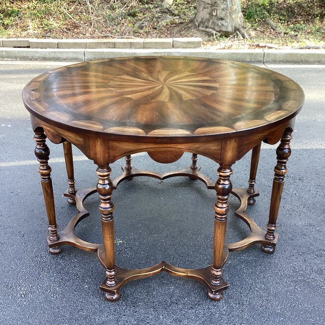 Late 20th Century Taracea Handcrafted Inlaid Round Center Table With Starburst Marquetry Top For Sale - Image 4 of 8