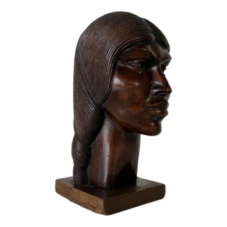 Vintage Art Hand Carved Wood Woman Bust Sculpture For Sale
