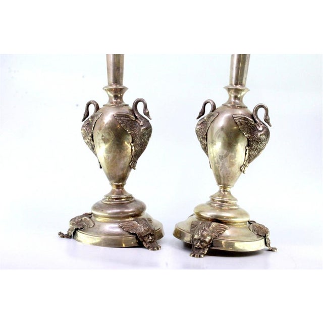 Silver Silver Vases with Appliqués of Geese and Mythical Figures Holding Flower Pots in Relief-Painted Glass, Set of 2 For Sale - Image 8 of 9