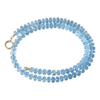 Aquamarine Faceted Beaded Necklace With 14k Gold Clasp For Sale