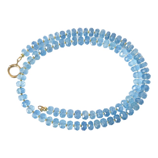Aquamarine Faceted Beaded Necklace With 14k Gold Clasp For Sale