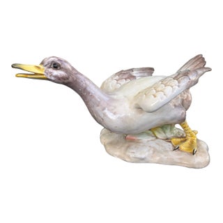 Vintage Hand-Painted Italian Porcelain Duck Figurine With Outstretched Wings For Sale