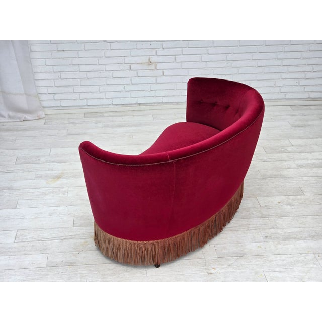 Vintage Danish Two-Seater Curved Sofa in Red Furniture Velour and Beech Wood, 1960s For Sale - Image 12 of 18