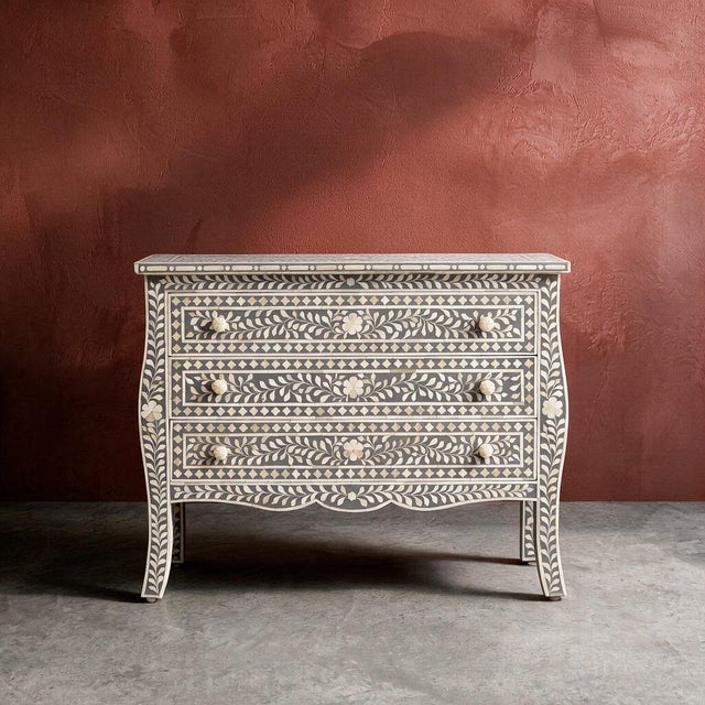 French Bombay Style Arabesque Bone Inlay Three-Drawer Chest – By House of Jaipur For Sale - Image 4 of 6