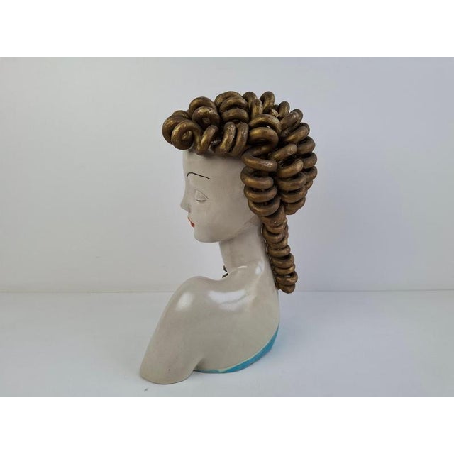 Art Deco Ceramic Bust of a Woman with Gilded Curled Hair, Czechoslovakia, 1930s For Sale - Image 12 of 18