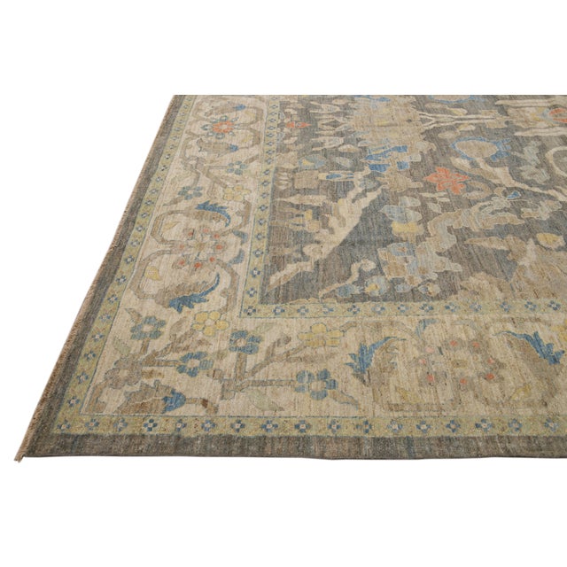 2010s 12 X 17 Modern Sultanabad Wool Rug Handmade in Blue With Floral Design For Sale - Image 5 of 12