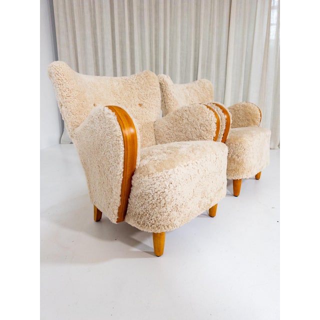 Swedish Modern Sheepskin Lounge Chairs, 1940s, Set of 2 For Sale - Image 4 of 12