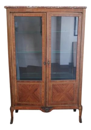 A Louis XV-Style Parquetry Cabinet 19th Century Marble Top Glass Shelves