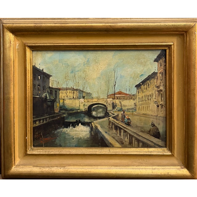 Bonaldi, Milanese Canal, The Walk Along the Naviglio, 20th Century, Oil on Panel, Framed For Sale - Image 7 of 7