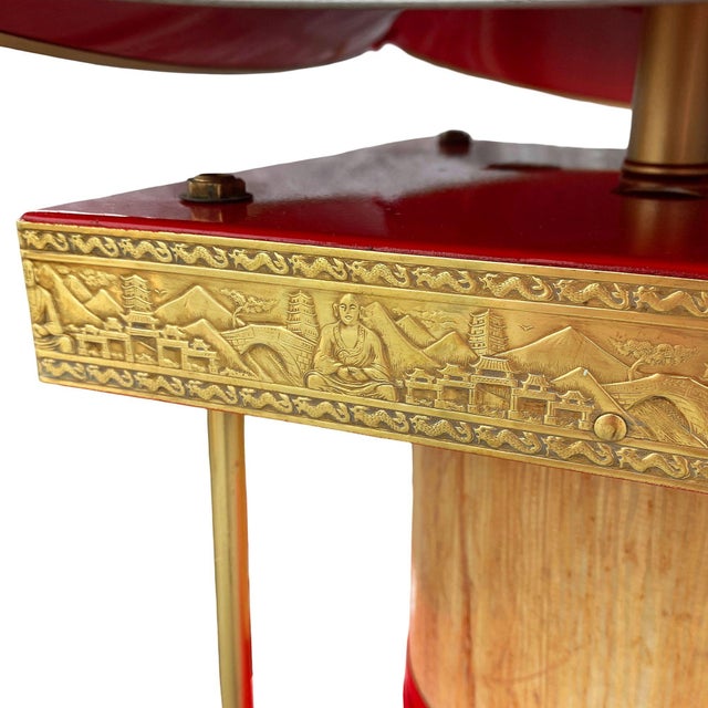 1950s Mid-Century Modern Pagoda Enameled Red Metal & Gold-Tone Tole Chinoiserie Chandelier For Sale - Image 16 of 18