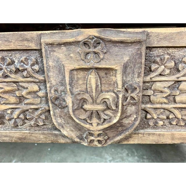 Monumental Spanish Carved Wood Bench, Linen Upholstery, 19th Century For Sale In Los Angeles - Image 6 of 13