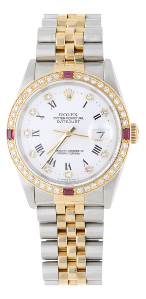Rolex Datejust 16233 Two Tone Steel-18k Gold Ruby Diamond Bezel Vintage Watch