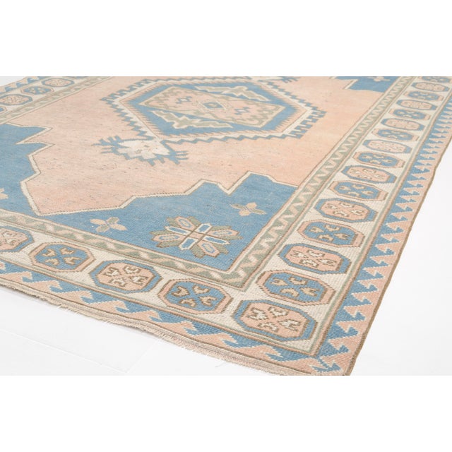 Mid 20th Century Soft Peach, Denim Blue, and Cream Medallion Area Rug For Sale - Image 4 of 8
