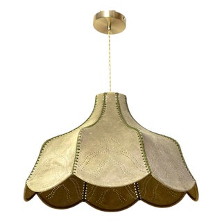 Italian Hand-Sewn Celadon Green Suede Pendant Lamp with Sculptural Flower, 1970s For Sale