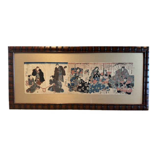 Early 1800s Japanese Ukiyo-E Woodblock Kabuki Scene Print Framed on Silk Backing in Faux -Bamboo Frame For Sale